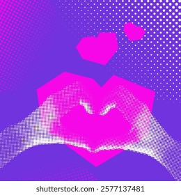 Trendy halftone collage with hands making heart shape. Modern y2k collage and paper cut out elements. Valentine`s Day background template