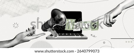 Trendy Halftone Collage Hands with Megaphone and Ransom note style letters. Social media news and propaganda. Headline banner. Pop art design loudspeaker. Contemporary vector illustration art