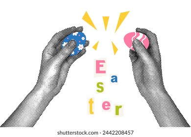 Trendy halftone collage. Hands with painted eggs for easter holiday. Easter greeting. Social media communication, invitation template, greetings.Abstract template.