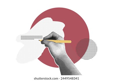 Trendy halftone collage of hands with pen. Writing on a wall, notepad, diary. Vector illustration of planning, business,finance, banking, business presentation, marketing material. Vector illustration