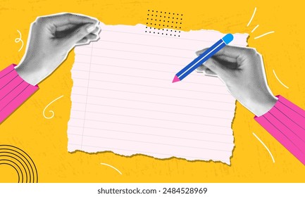 Trendy halftone collage of hands with pen. Writing on a paper with yellow background.