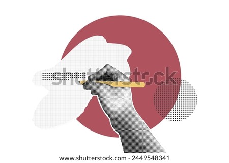 Trendy halftone collage of hands with pen. Writing on a wall, notepad, diary. Vector illustration of planning, business,finance, banking, business presentation, marketing material. Vector illustration