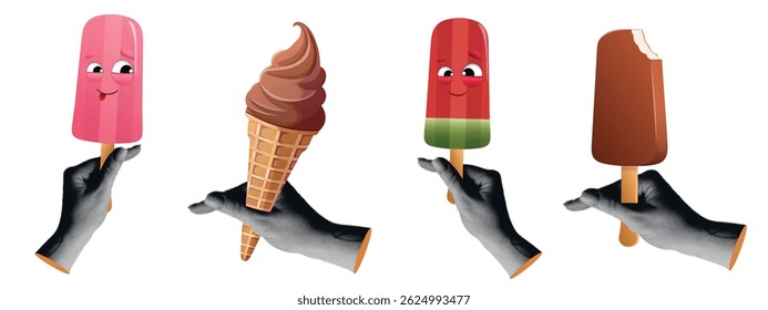 Trendy halftone collage. Hands of people with ice cream. Vector illustration for packaging, menu, postcards, poster.	
