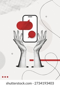 Trendy Halftone Collage Hands with Phone and Speech bubble messages. Online communication. Social media chatting. Talk via smartphone. Contemporary vector illustration art