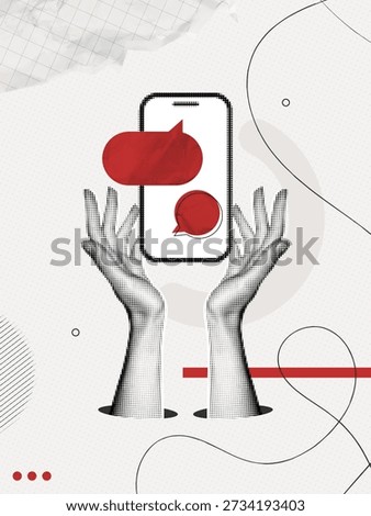 Trendy Halftone Collage Hands with Phone and Speech bubble messages. Online communication. Social media chatting. Talk via smartphone. Contemporary vector illustration art
