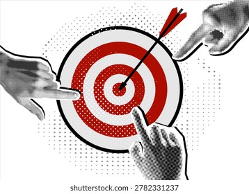 Trendy Halftone Collage hands pointing target with an arrow in the center. Modern collage. Successful business concept. Reach the goal. Trendy newspaper cut out paper elements