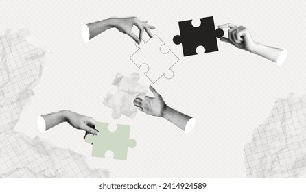 Trendy Halftone Collage Hands putting puzzles pieces together. Teamwork concept. Business idea and solution. Partnership relationship. New startup. Career development. Vector contemporary art