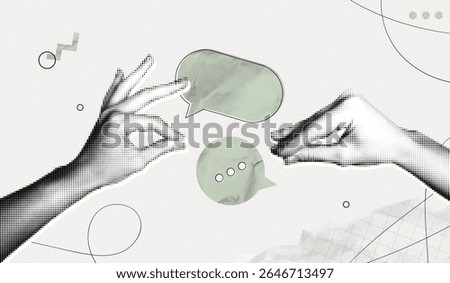 Trendy Halftone Collage Hands show Blah Blah gestures. Social media communication. Speech bubble messages. Discussion and conversation. Paper texture. Contemporary vector illustration art