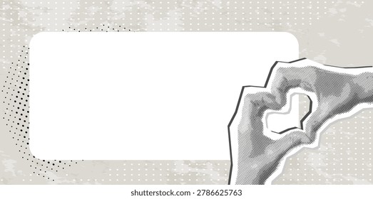 Trendy Halftone Collage hands showing a heart shape with space for text. Feelings and emotions. Modern design. Contemporary art