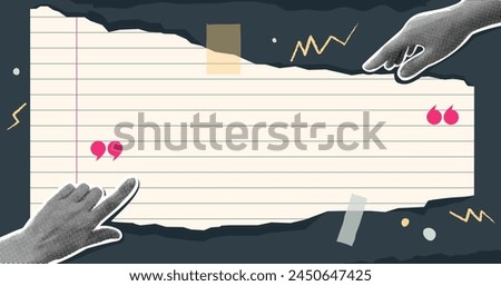Trendy Halftone Collage Hands showing empty space. Shred of notebook page with torn edges. Social media communication and adverting. Empty space for quote, plan and idea. Contemporary art