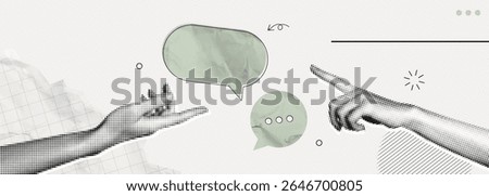 Trendy Halftone Collage Hands with speech bubble messages. Social media communication. Talk together. Discussion and feedback. Dialogue banner. Paper texture. Contemporary vector illustration art