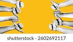 Trendy Halftone Collage Hands with thumbs up and thumbs down gestures. Yes or no choice banner with empty space. Quality review. Two options dilemma. Contemporary vector illustration art