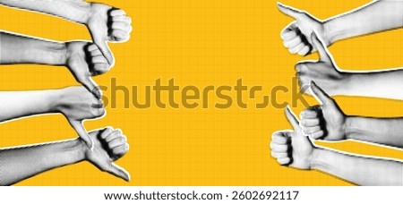 Trendy Halftone Collage Hands with thumbs up and thumbs down gestures. Yes or no choice banner with empty space. Quality review. Two options dilemma. Contemporary vector illustration art