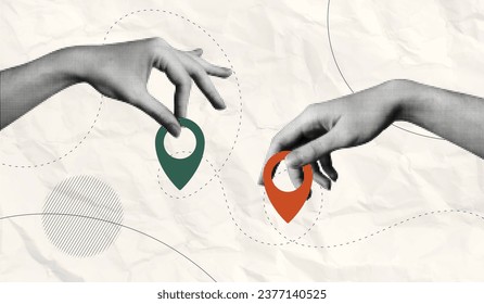 Trendy Halftone Collage with Hands and two pin location. Contemporary art with position element. Delivery route. Travel way and find trip. GPS point navigation. Transport logistic. Vector illustration