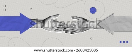 Trendy Halftone Collage  Handshake on growth arrow agree to work together. Business partnership and negotiation. Merger and acquisition concept. Making deals. Contemporary vector illustration art