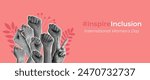 Trendy halftone collage. Horizontal banner. Concept of female power, feminism, equality, tolerance. Women raised fists, protesting. Cartoon flat vector illustration