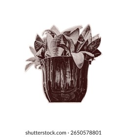 Trendy halftone collage of a houseplant cut from old newspaper. Isolated vector illustration plant in pot grayscale retro sticker with Dot texture. Vintage Pop art aesthetic, y2k vibe nostalgic