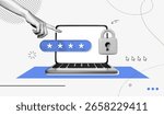 Trendy Halftone Collage with Human Hand holding Pin Code on Screen Computer Laptop. Locked padlock with password. Protecting your personal data online. Contemporary vector illustration art