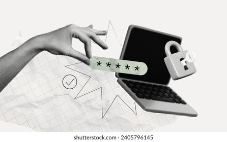 Trendy Halftone Collage with Human Hand holding Pin Code on Screen Computer Laptop. Locked padlock with password. Protecting your personal data online. Contemporary vector art illustration