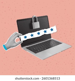 Trendy halftone collage. Human hand holding pin code on laptop screen. Closed lock with password. Protect your personal data on the Internet. Modern vector illustration