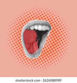 Trendy halftone collage. Human hand holding pin code on laptop screen. Closed lock with password. Protect your personal data on the Internet. Modern vector illustration