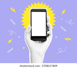 Trendy halftone collage human hand holding smartphone with doodle elements