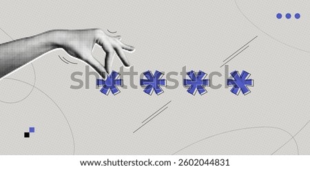 Trendy Halftone Collage with Human Hand with Pin Code. Password authentication. Web identify. Fingers holding passkey. Protecting your personal data online. Contemporary vector illustration art