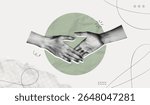 Trendy Halftone Collage with Human Hands Shaking. Contemporary art collage. Concept of business, success, teamwork. Deal agreement. Partners work together. Cooperation concept. Paper design elements