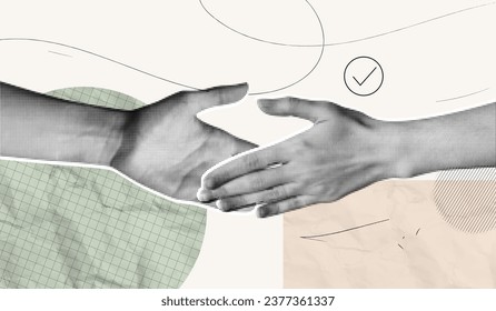Trendy Halftone Collage with Human Hands Shaking. Contemporary art collage. Creative design. Concept of business, success, teamwork. Deal agreement. Vector retro dots illustration