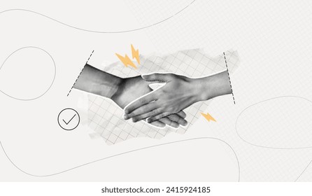 Trendy Halftone Collage with Human Hands Shaking. Contemporary art collage. Concept of business, success, teamwork. Deal agreement. Partners work together. Cooperation concept. Paper design elements