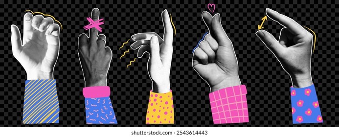 Trendy halftone collage human hands with doodle elements. Gesture signs. Vector dots texture.