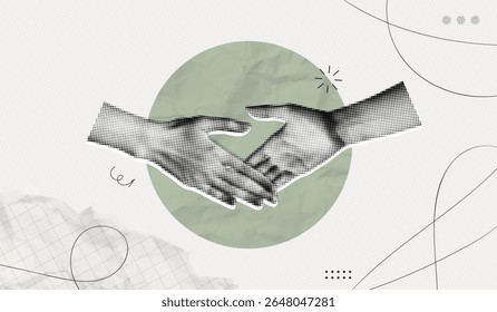 Trendy Halftone Collage with Human Hands Shaking. Contemporary art collage. Concept of business, success, teamwork. Deal agreement. Partners work together. Cooperation concept. Paper design elements
