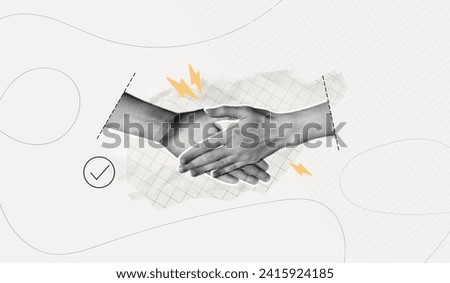 Trendy Halftone Collage with Human Hands Shaking. Contemporary art collage. Concept of business, success, teamwork. Deal agreement. Partners work together. Cooperation concept. Paper design elements