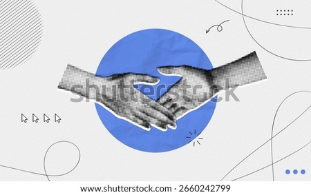 Trendy Halftone Collage with Human Hands Shaking. Contemporary art collage. Concept of business, success, teamwork. Deal agreement. Partners work together. Cooperation concept. Paper design elements