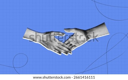 Trendy Halftone Collage with Human Hands Shaking. Contemporary art collage. Concept of business, success, teamwork. Deal agreement. Partners work together. Contemporary vector illustration art