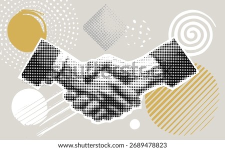 Trendy Halftone Collage with Human Hands Shaking. Contemporary art collage. Concept of business, success, teamwork. Deal agreement. Partners work together. Cooperation concept. Paper design elements
