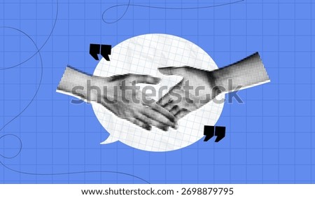 Trendy Halftone Collage Human Hands Shaking. Concept of business, success, teamwork. Deal agreement. Partners work together. Paper speech bubble message. Contemporary vector illustration art