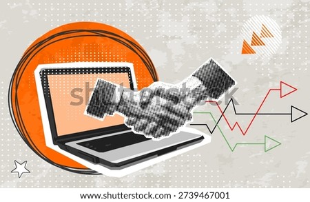 Trendy Halftone Collage with Human Hands Shaking on screen laptop. Business and modern technologies. Art collage.  Concept of business, success, teamwork. Deal agreement. Partners work together. Cooperation concept. Paper design elements