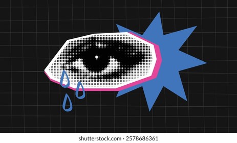 A trendy halftone collage illustration with a crying womans eye