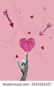 Trendy halftone collage. Image of halftone hand with pink glitter heart and arrows. Postcard in collage style for Valentines Day, March 8. Trendy retro collage from the 80s. Vector illustration