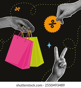 Colagem de meio-tom na moda. Imagem de mãos dadas com compras. Colagem retrô na moda dos anos 80 com tema SALE para design. Moderna ilustração retrô em técnica mista.