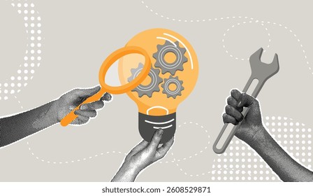 Trendy halftone collage. Innovation and problem solving, creativity. New business product launch concept, product development, process optimization, performance concept.
