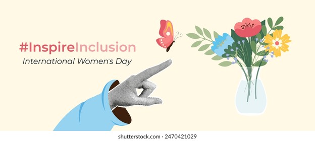 Trendy halftone collage. International Women's Day banner. InspireInclusion. Vector illustration