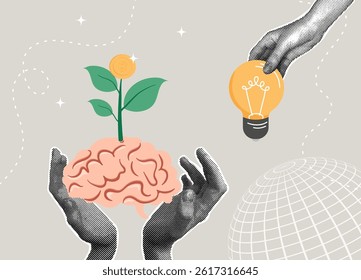 Trendy halftone collage. Investing in ideas and brains for business growth and future success. Investment brain concept, profit growth concept, financial knowledge, prosperity concept, attitude