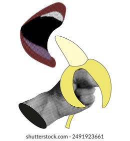 Trendy Halftone collage isolated white. Retro grunge art with Halftone hand, mouth and banana. Template vector illustration can used banana farm design. EPS 10