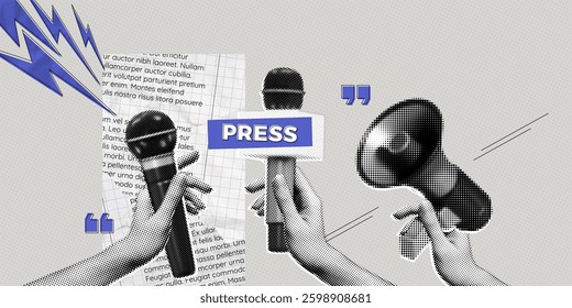 Trendy Halftone Collage Journalist hands with microphones. Reposters conduct interviews for news. Social media survey. Press conference. Fakes and propaganda. Contemporary vector illustration art