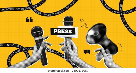 Trendy Halftone Collage Journalist hands with microphones. Reposters conduct interviews for news. Social media survey. Press conference. Fakes and propaganda. Contemporary vector illustration art