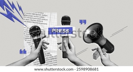 Trendy Halftone Collage Journalist hands with microphones. Reposters conduct interviews for news. Social media survey. Press conference. Fakes and propaganda. Contemporary vector illustration art