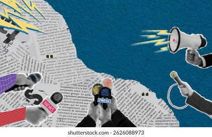 Trendy halftone collage. Journalists' hands with microphones on the background of torn newspapers. Reposters interview for news. Social media survey. Press conference. Fakes and propaganda. EPS10