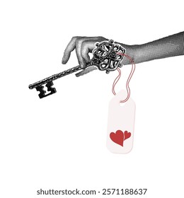 A trendy halftone collage. Key to the heart.A hand holding a beautiful,carved vintage key with a hearts tag.The concept of communication,being able to find the right words for a loved one